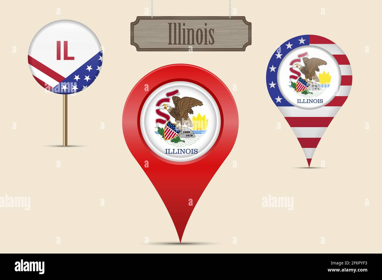 Illinois US state round flag. Map pin, red map marker, location pointer ...