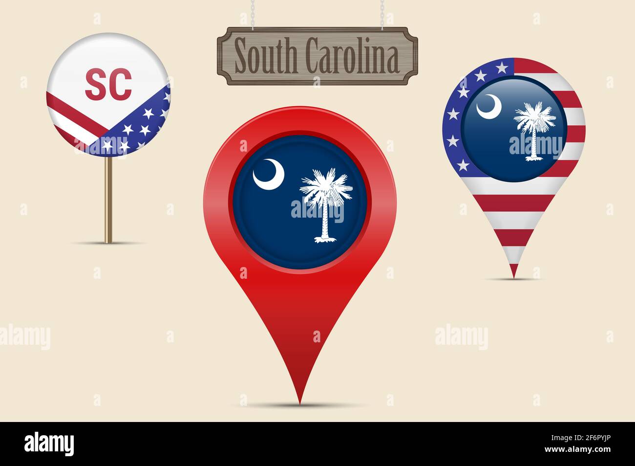 South Carolina US state round flag. Map pin, red map marker, location ...