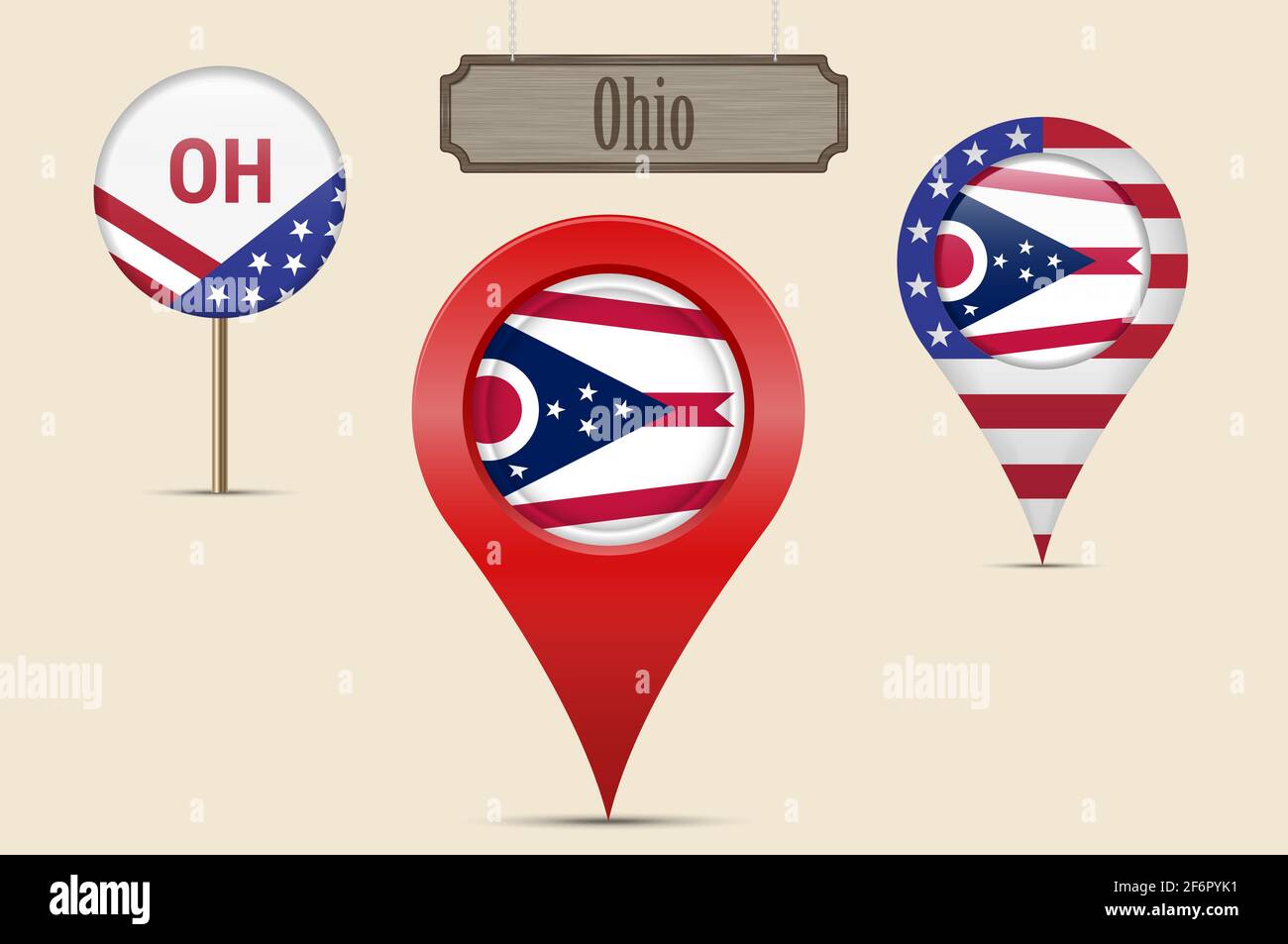 Ohio US state round flag. Map pin, red map marker, location pointer