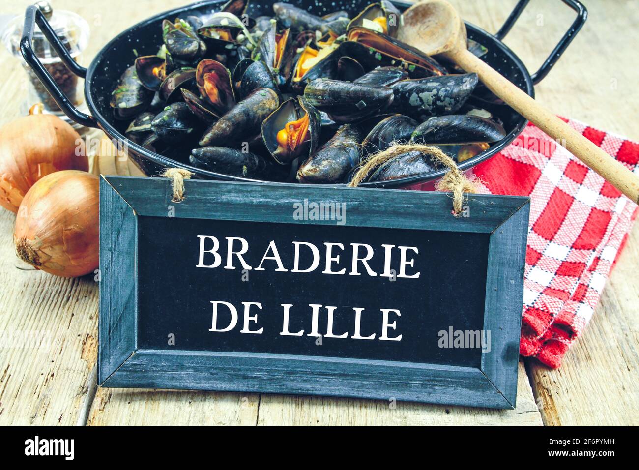 Braderie de Lille inscription on a slate with mussels Stock Photo Alamy