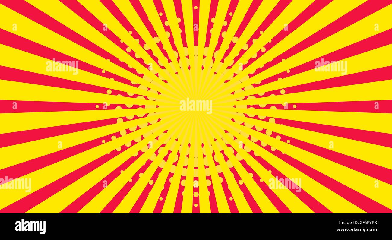 Abstract light red and yellow sun rays background. Shiny starburst. Radial  beams. Halftone circle pattern. illustration Stock Photo - Alamy