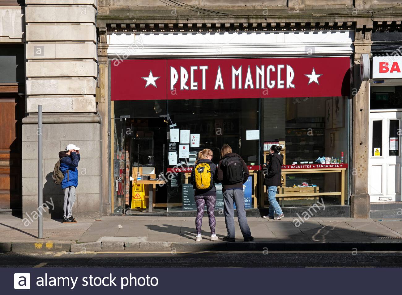 Pret  A Manger, selling takeaway coffee and snacks only due to the Covid-19 Coronavirus lockdown measures, Hanover Street, Edinburgh Scotland Stock Photo