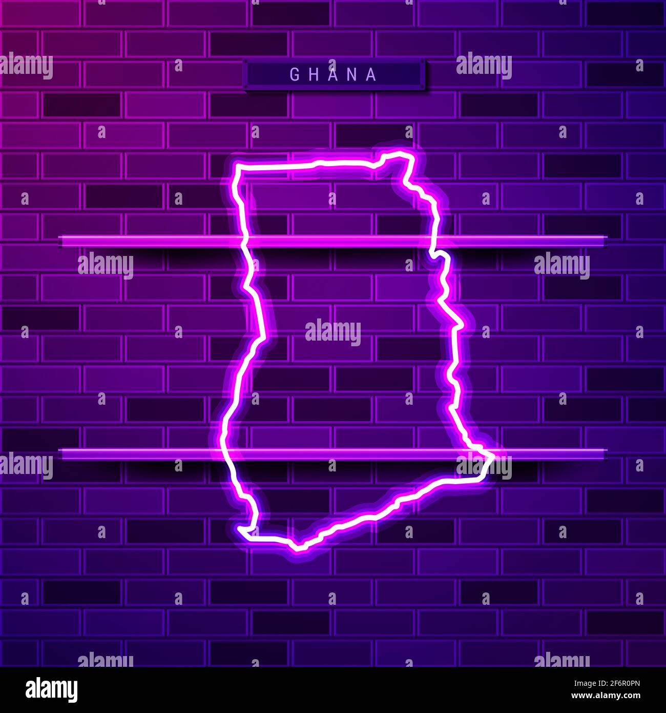 Ghana map glowing neon lamp sign. Realistic illustration. Country name plate. Purple brick wall, violet glow, metal holders. Stock Photo
