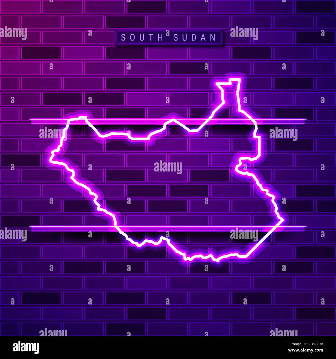 South Sudan map glowing neon lamp sign. Realistic illustration. Country name plate. Purple brick wall, violet glow, metal holders. Stock Photo