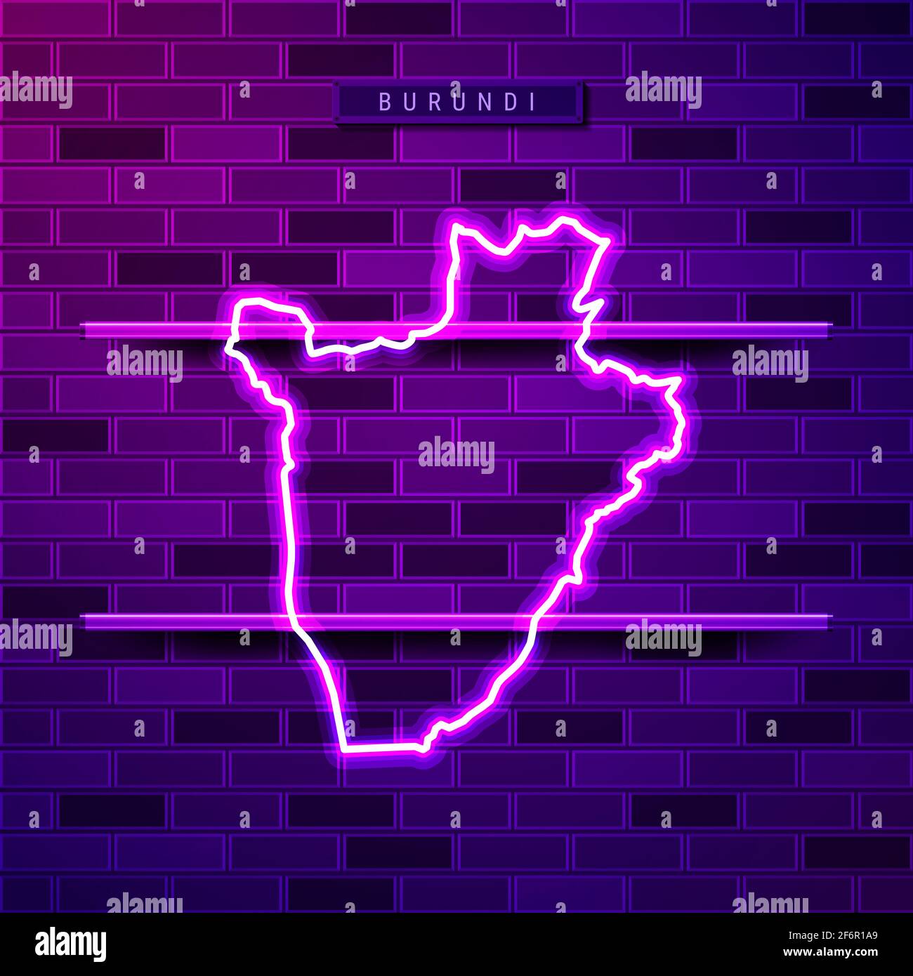 Burundi map glowing neon lamp sign. Realistic illustration. Country name plate. Purple brick wall, violet glow, metal holders. Stock Photo