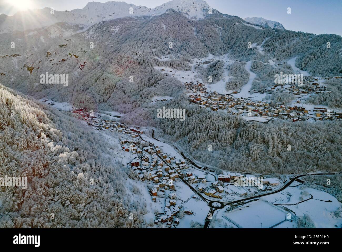 Valmalenco (IT), Winter aerial view of Lanzada and Caspoggio Stock Photo