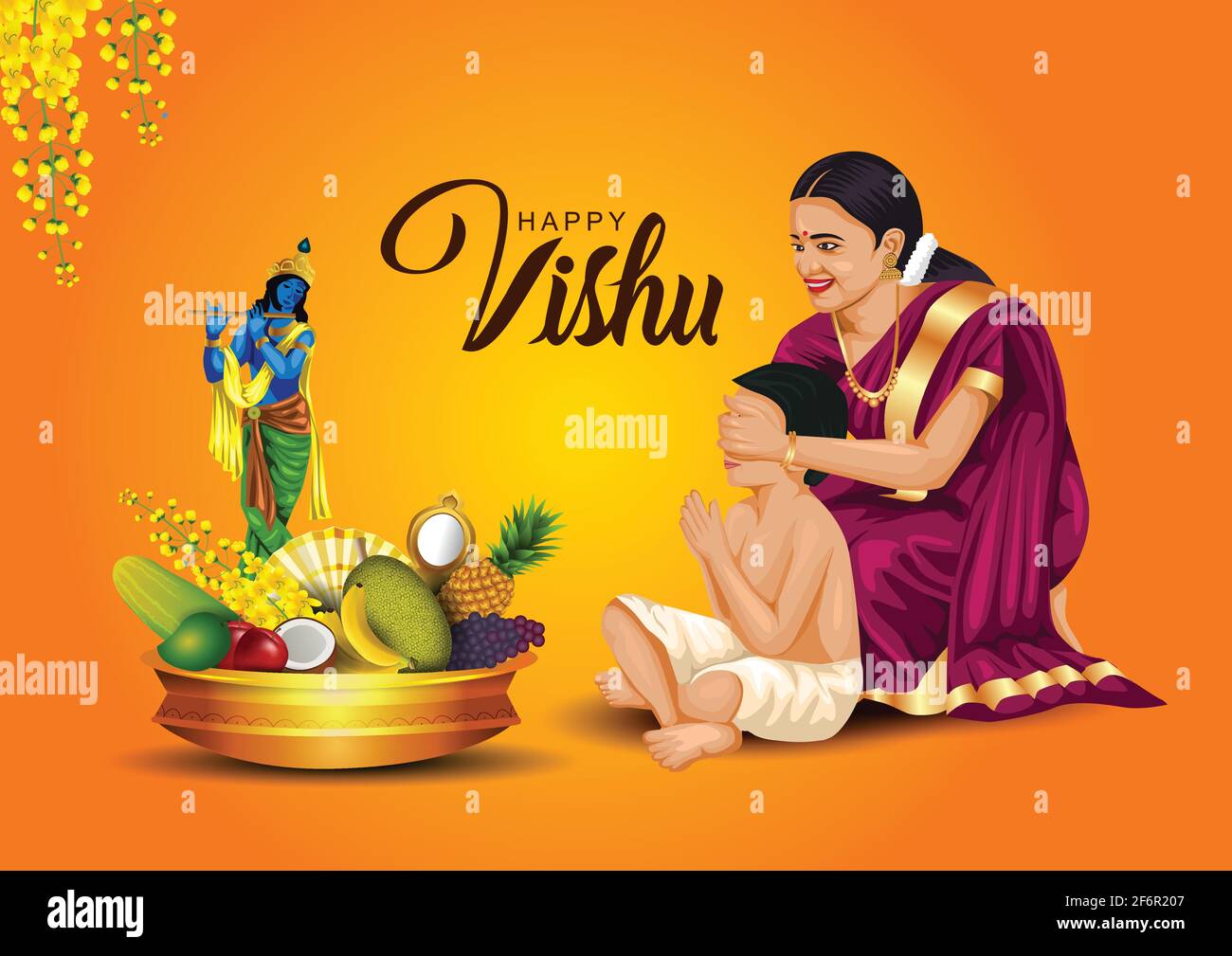 Happy Vishu greetings. April 14 Kerala festival with Vishu Kani, vishu flower Fruits and vegetables in a bronze vessel. vector illustration design (Ma Stock Vector