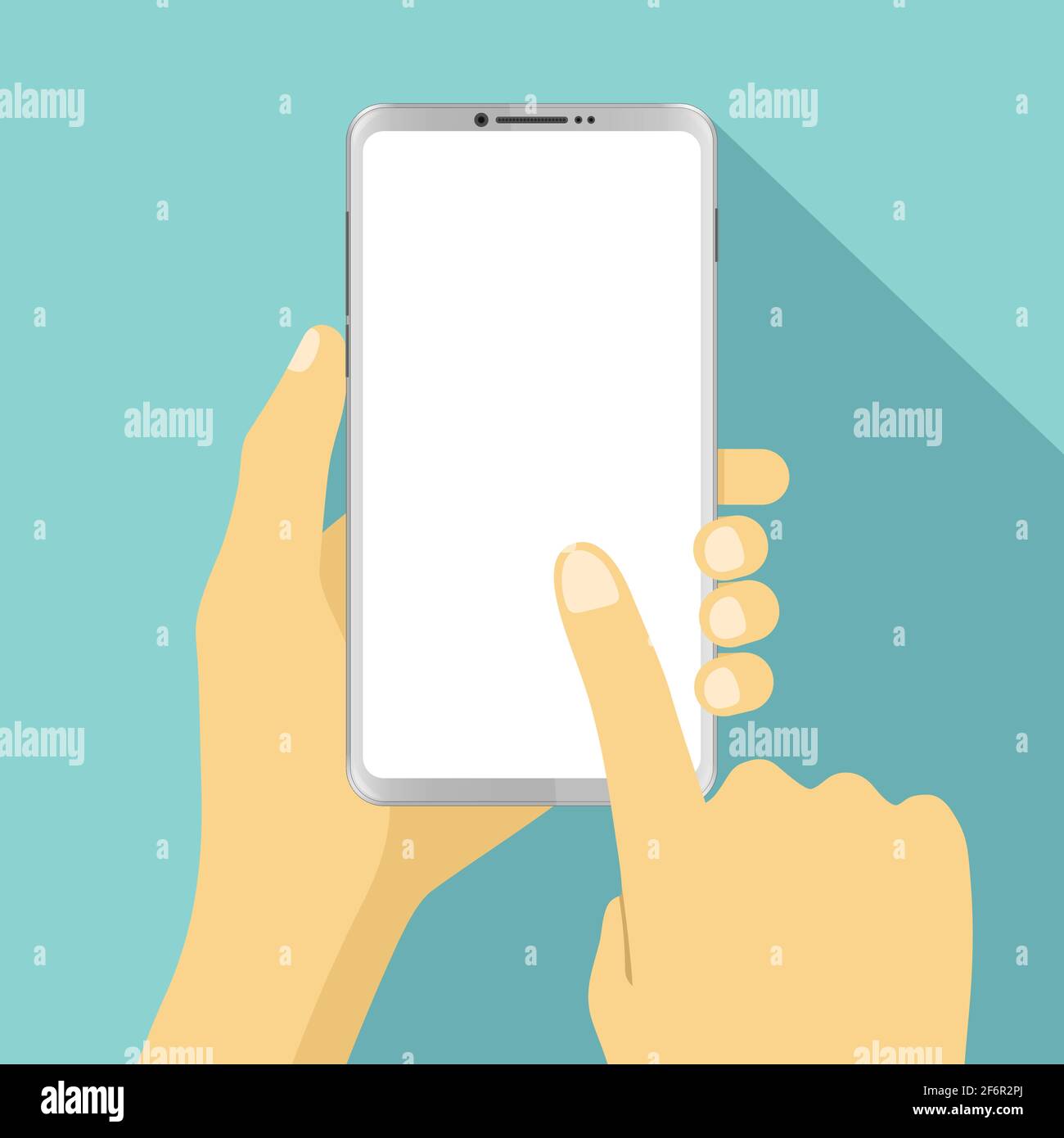 Hand holding smartphone and finger touch with blank white screen ...