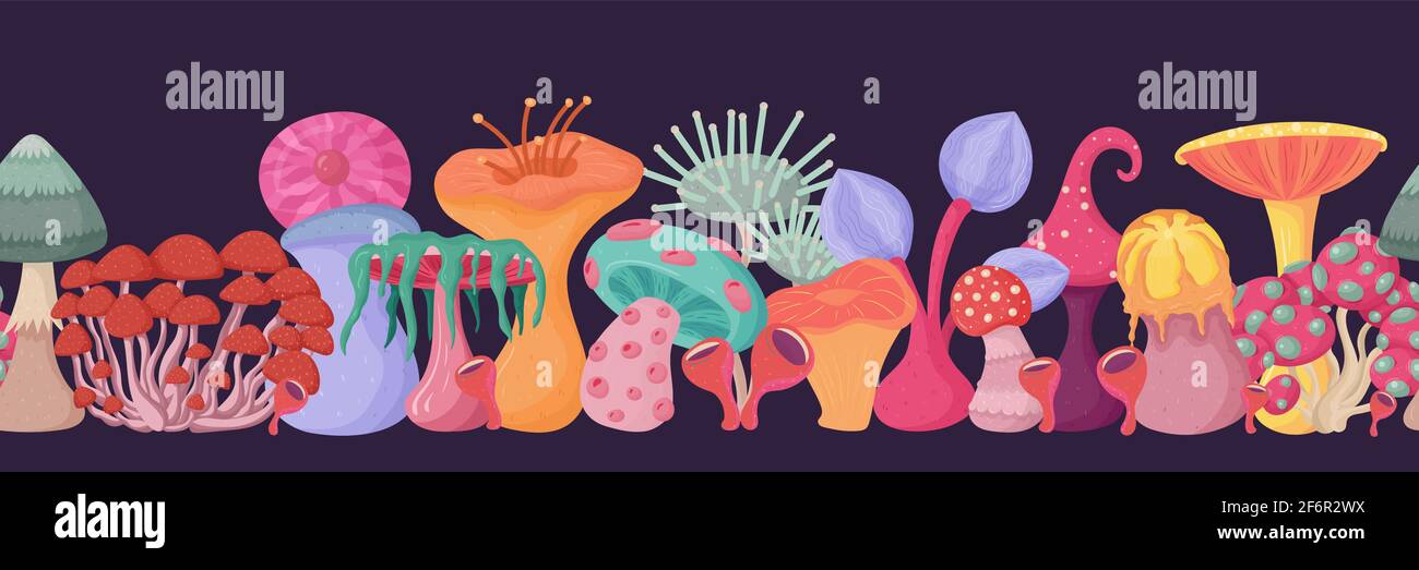Fantasy alien mushroom seamless border. Fantastic concept art for decorative design. Stock Vector