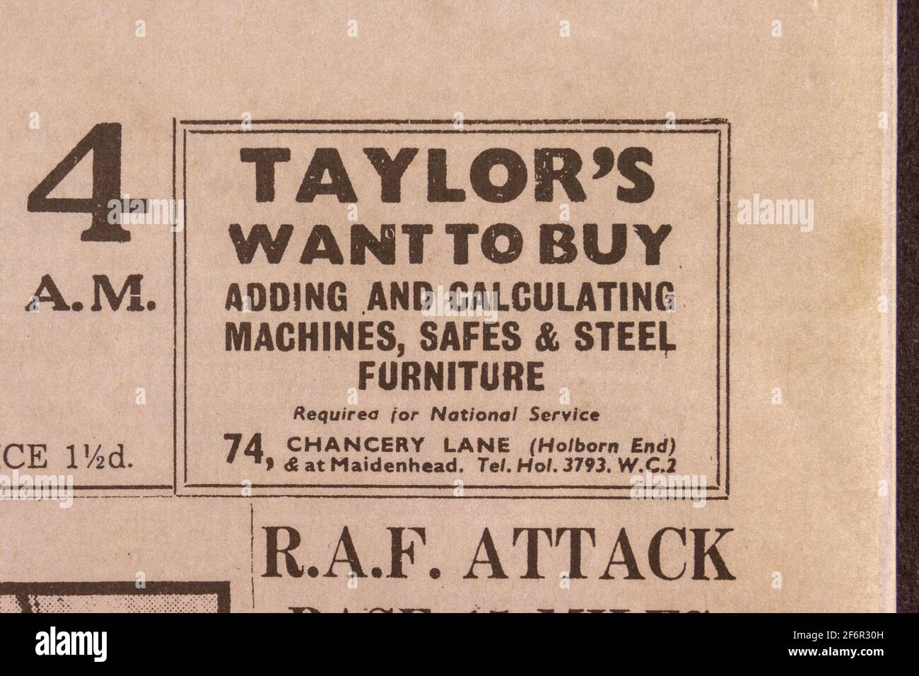 Advert for Taylor's of Chancery Lane in the Daily Telegraph (replica), 18th May 1943, the day after the Dam Busters raid. Stock Photo