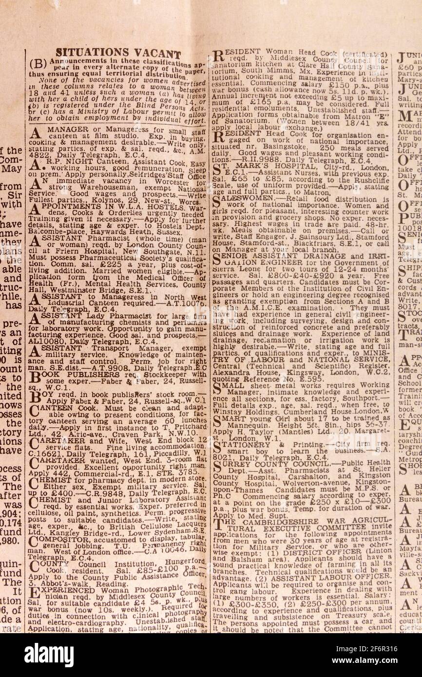 Situations Vacant page in the Daily Telegraph (replica), 18th May 1943, the day after the Dam Busters raid. Stock Photo