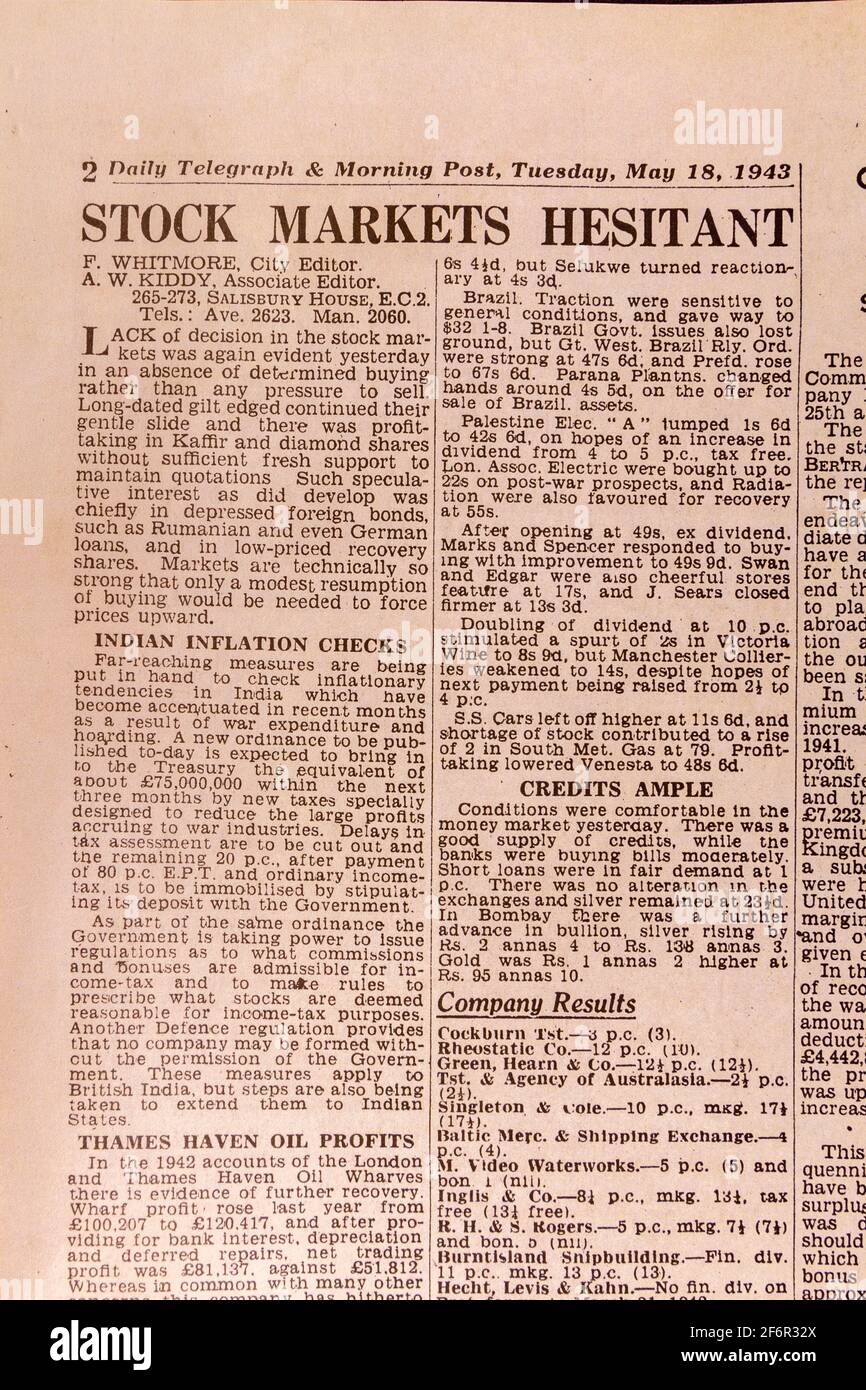 Stock market news in the Daily Telegraph (replica), 18th May 1943, the day after the Dam Busters raid. Stock Photo