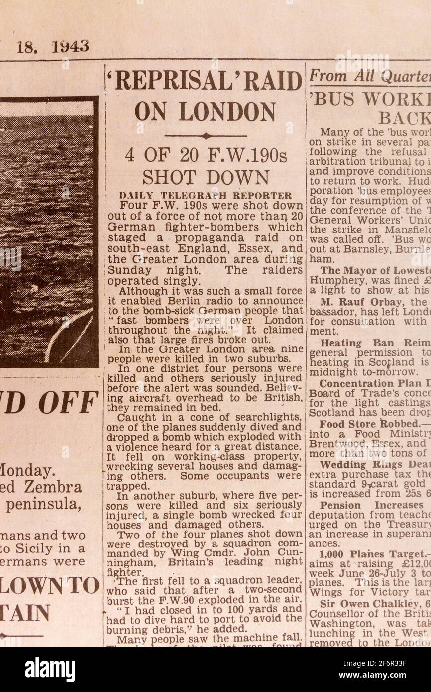 Article on Reprisal raid on London in the Daily Telegraph (replica), 18th May 1943, the day after the Dam Busters raid. Stock Photo