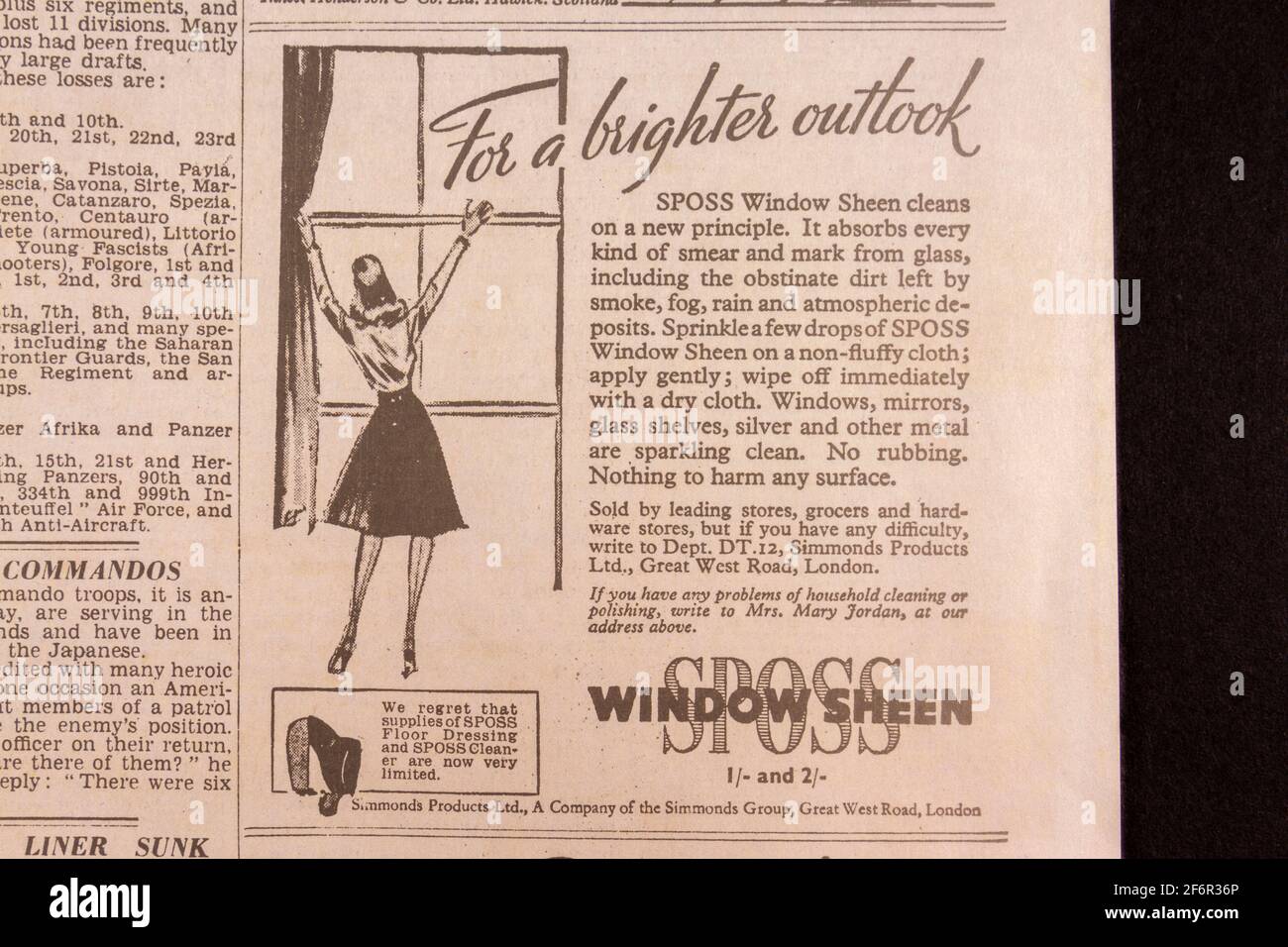 Advert for SPOSS Window Sheen in the Daily Telegraph (replica), 18th May 1943, the day after the Dam Busters raid. Stock Photo