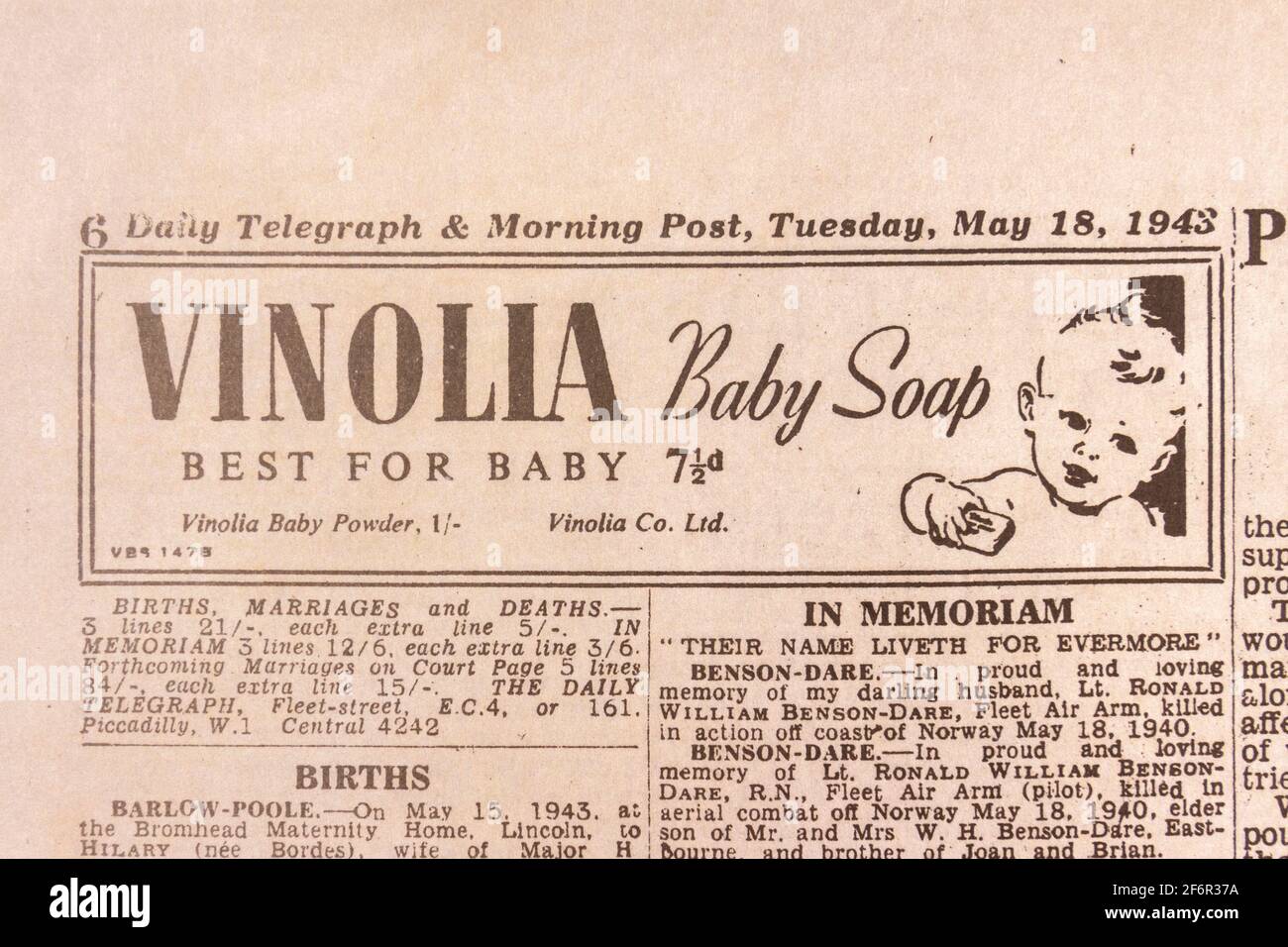 Advert for Vinolia Baby Shop in the Daily Telegraph (replica), 18th May 1943, the day after the Dam Busters raid. Stock Photo