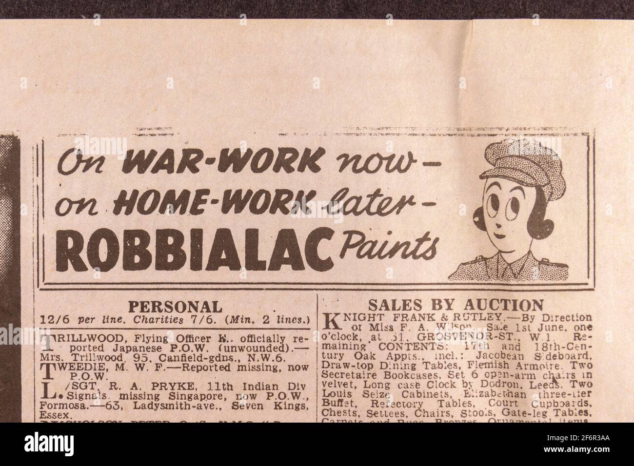 Advert for Robbialac Paints in the Daily Telegraph (replica), 18th May 1943, the day after the Dam Busters raid. Stock Photo