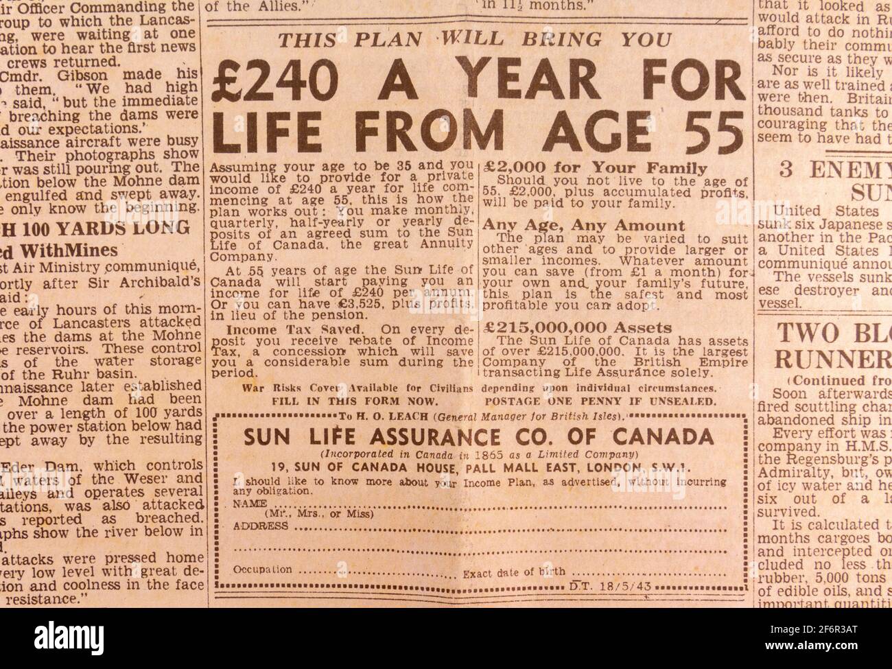 Advert for Sun Life Assurance Company of Canada in the Daily Telegraph (replica), 18th May 1943, the day after the Dam Busters raid. Stock Photo