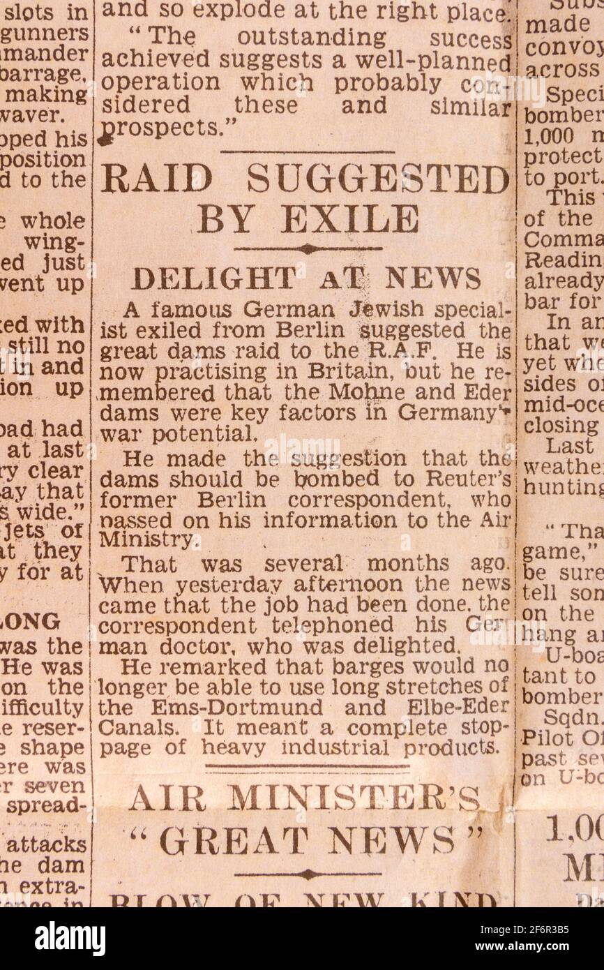 Article about origins of Dambusters raid in the Daily Telegraph (replica), 18th May 1943, the day after the Dam Busters raid. Stock Photo