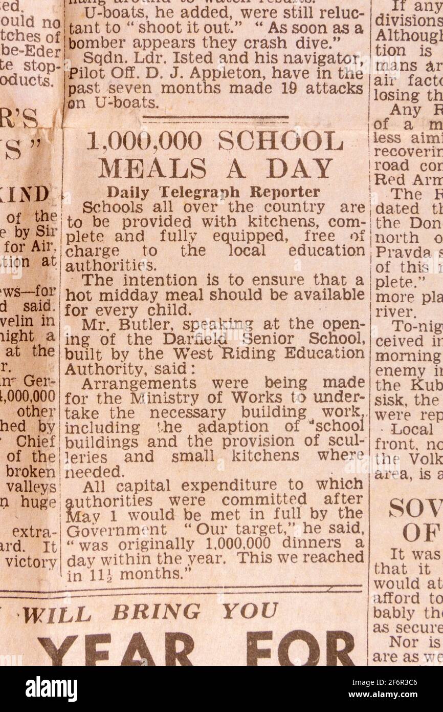 Article headlined '1,000,000 school meals a day' in the Daily Telegraph (replica), 18th May 1943, the day after the Dam Busters raid. Stock Photo