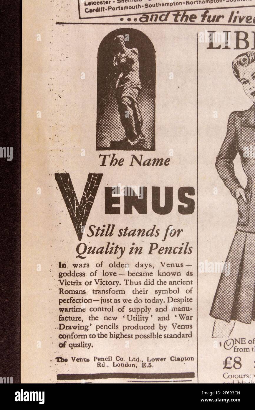 Advert for Venus pencils in the Daily Telegraph (replica), 18th May 1943, the day after the Dam Busters raid. Stock Photo