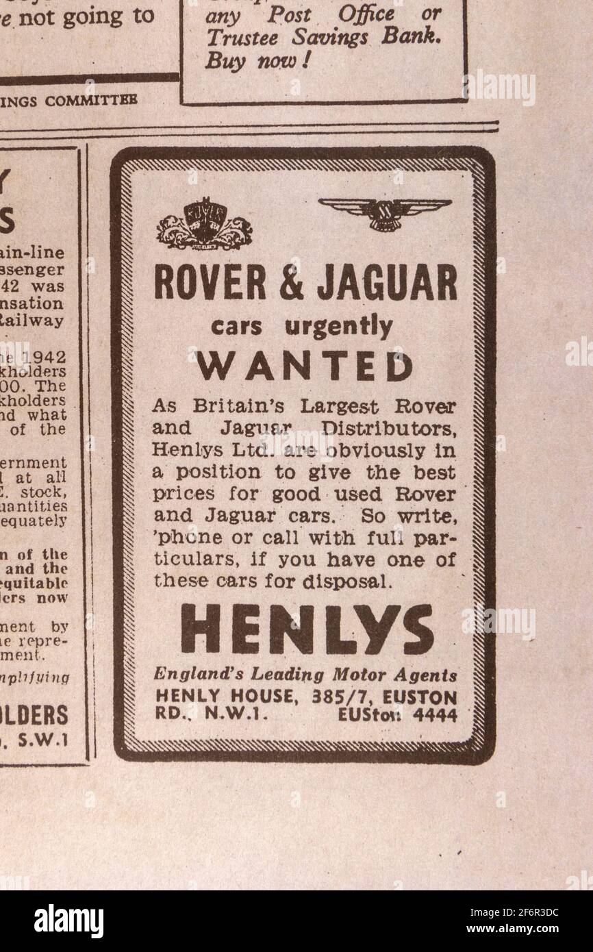 Advert for Henlys, a Rover & Jaguar distributor in the Daily Telegraph (replica), 18th May 1943, the day after the Dam Busters raid. Stock Photo