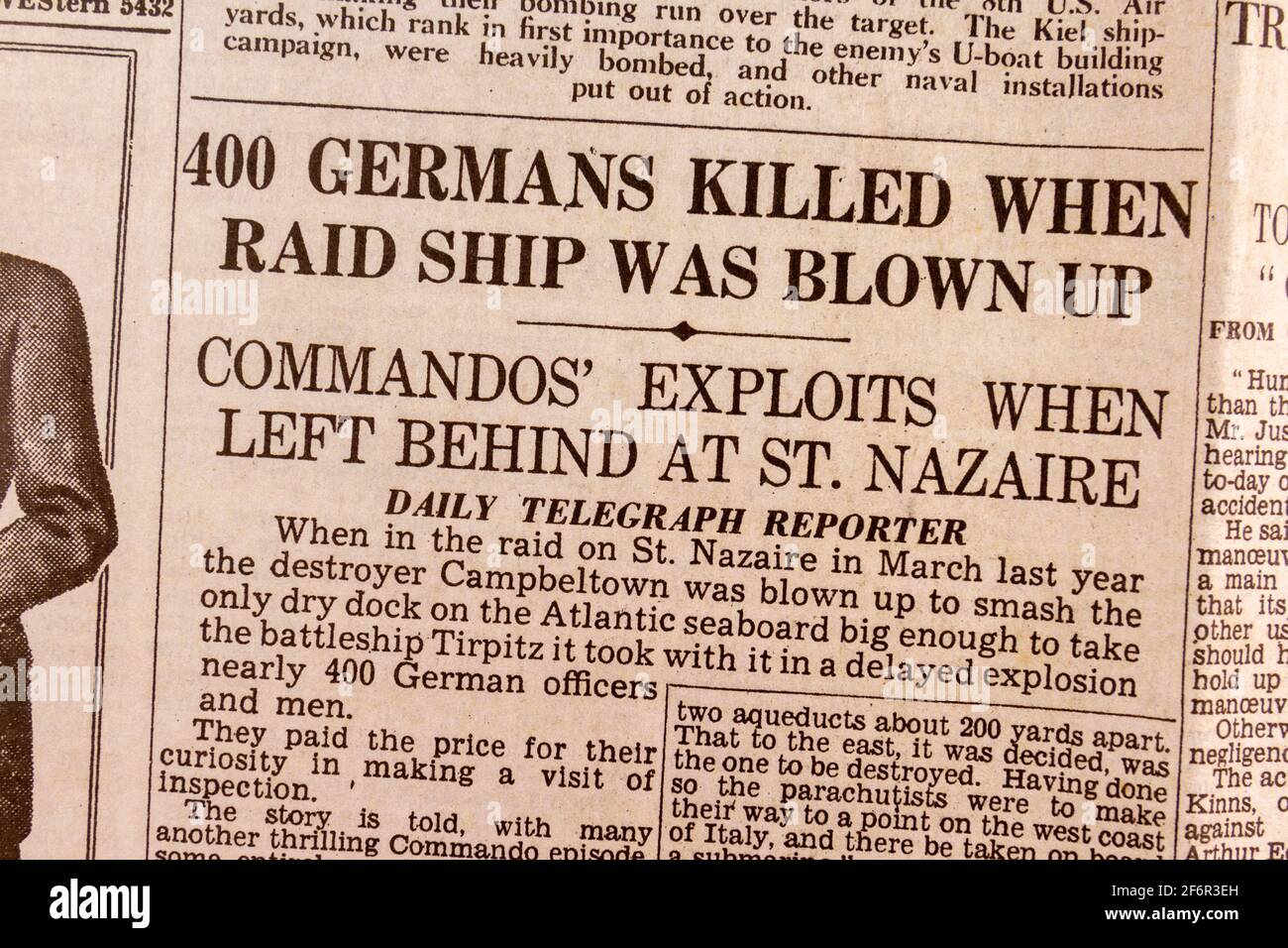 '400 Germans Killed When Raid Ship was blown up' story in the Daily Telegraph (replica), 18th May 1943, the day after the Dam Busters raid. Stock Photo