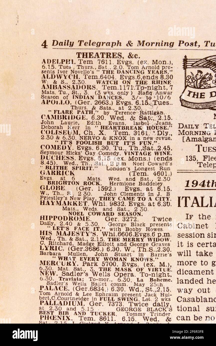 Listings for London's West End Theatres in the Daily Telegraph (replica), 18th May 1943, the day after the Dam Busters raid. Stock Photo