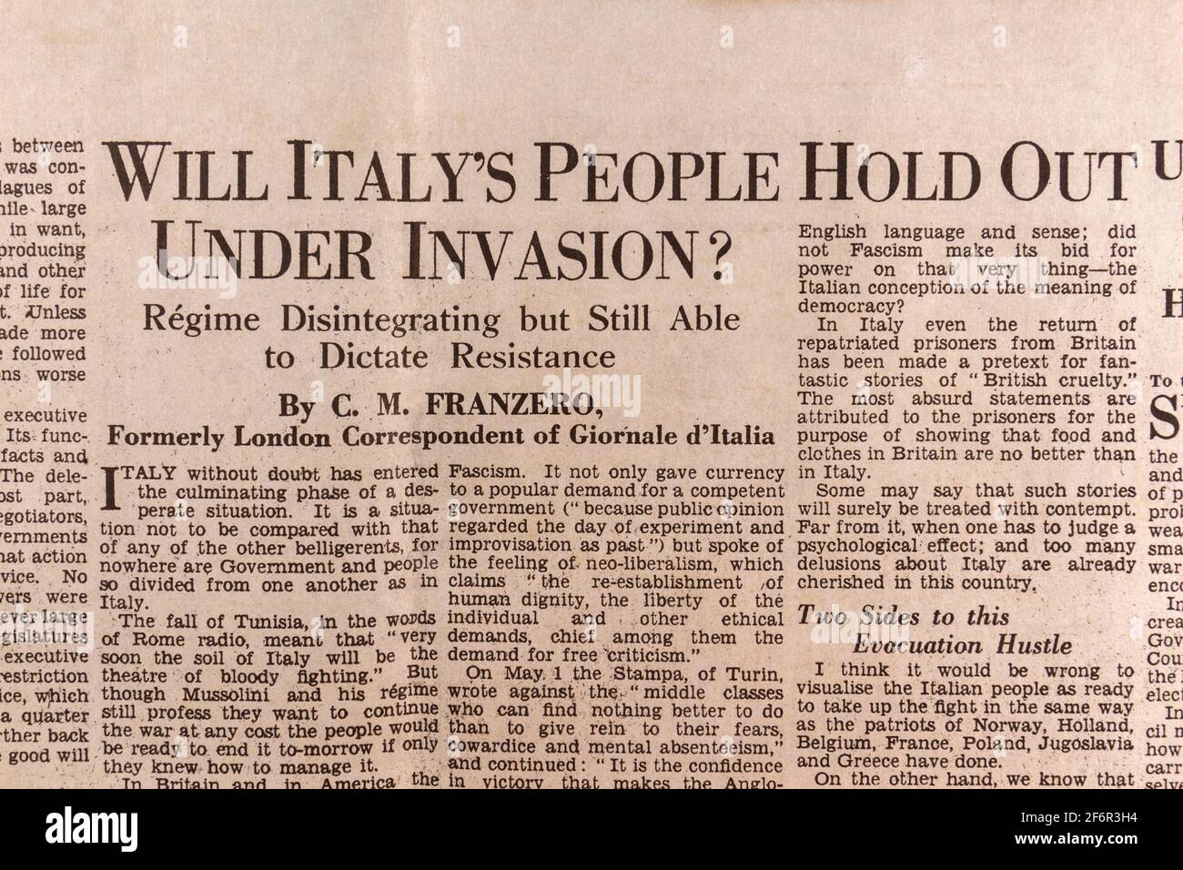 'Will Italy hold out under invasion?' article in the Daily Telegraph (replica), 18th May 1943, the day after the Dam Busters raid. Stock Photo