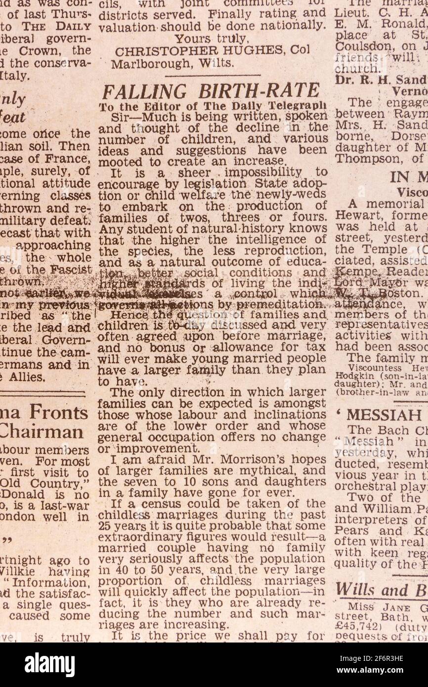 Letters page: 'falling birthrate opinion letter in the Daily Telegraph (replica), 18th May 1943, the day after the Dam Busters raid. Stock Photo