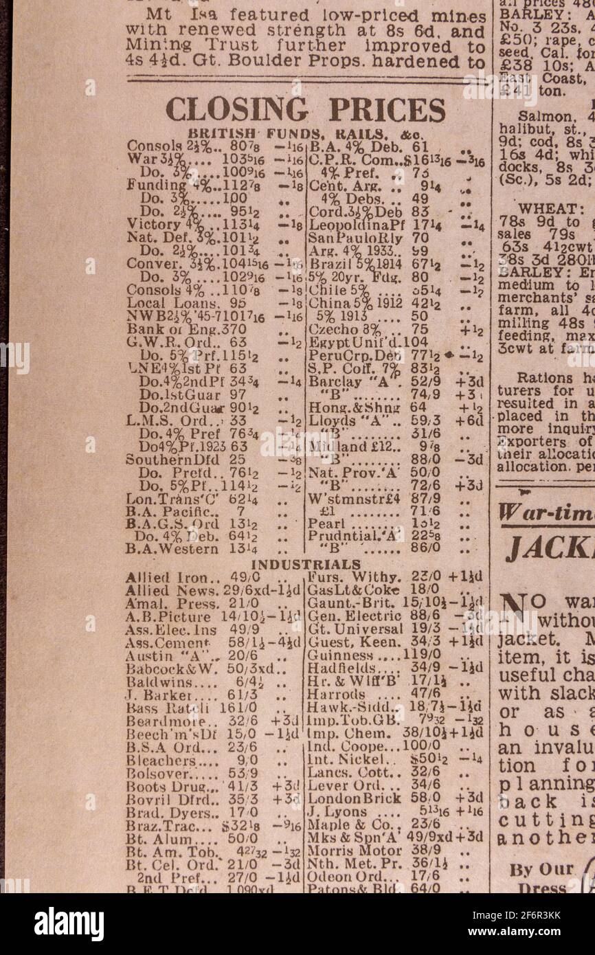 Share Price listing in the Daily Telegraph (replica), 18th May 1943, the day after the Dam Busters raid. Stock Photo