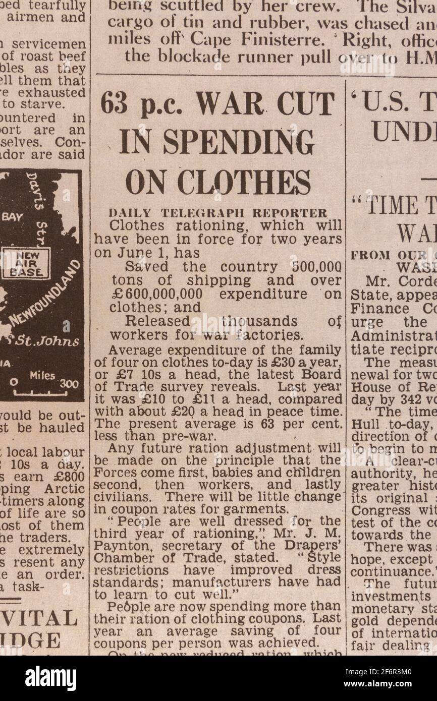 '63 p.c. War cut in spending on clothes' article headline in the Daily Telegraph (replica), 18th May 1943, the day after the Dam Busters raid. Stock Photo