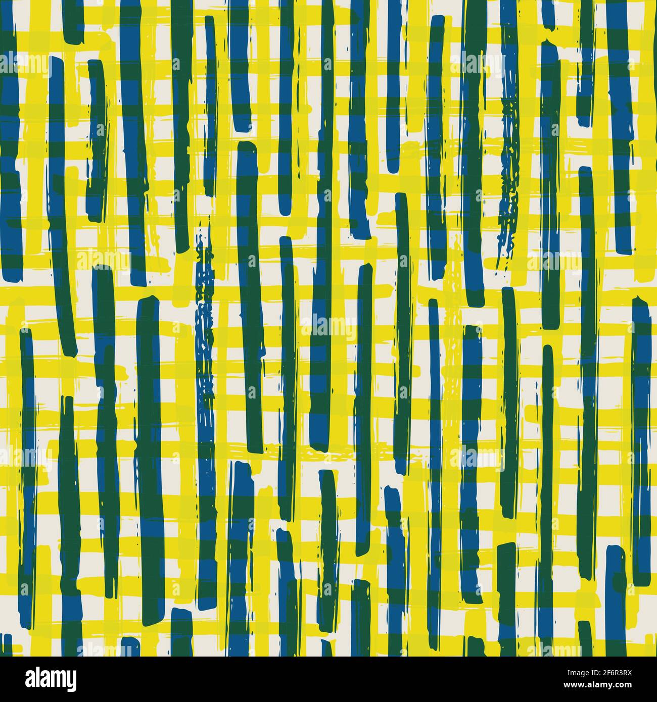 Vector painterly stripe plaid seamless pattern background. Organic brush stroke blend backdrop with vertical blue and horizontal yellow irregular Stock Vector