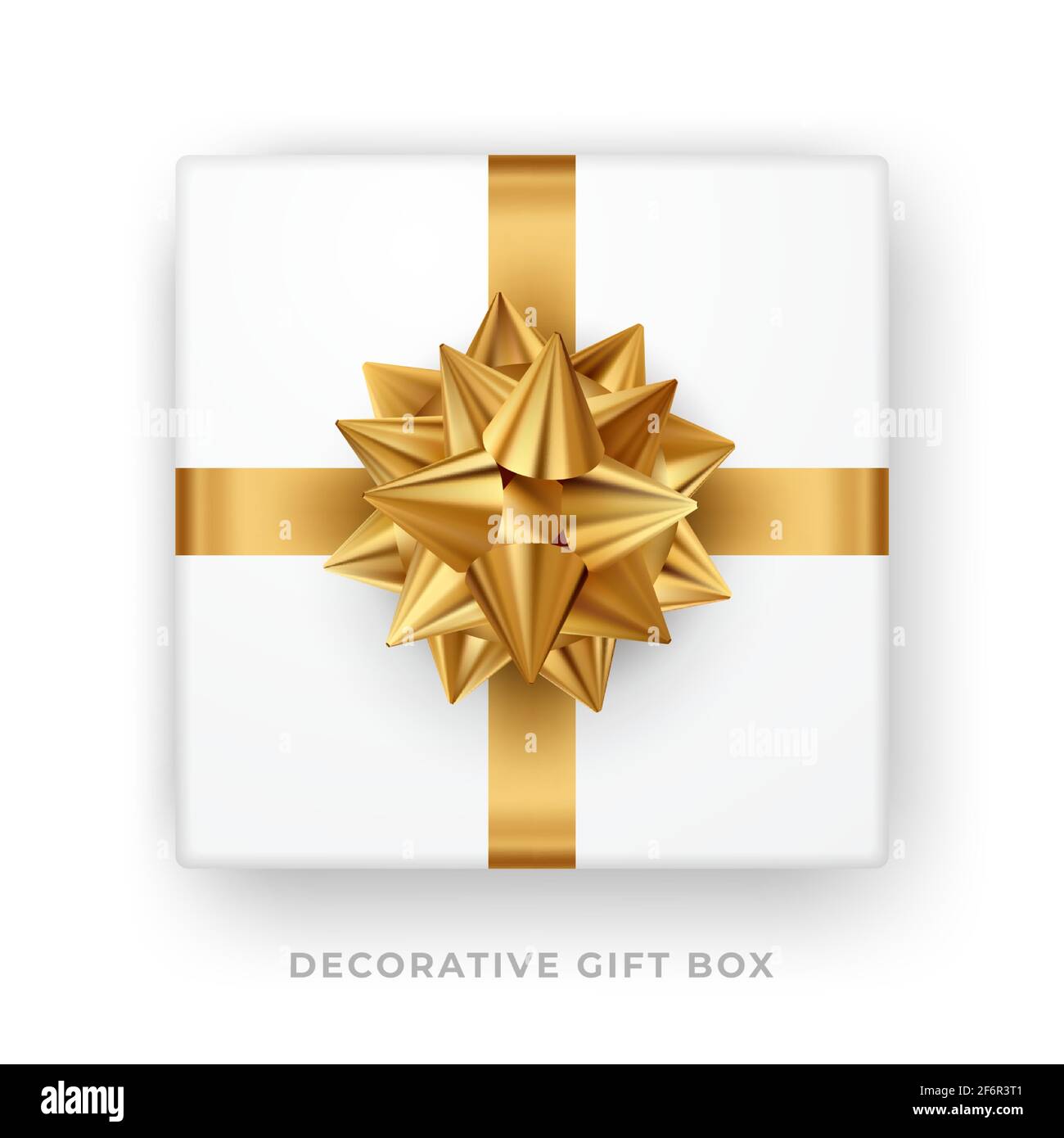 Decorative white gift box with golden bow and ribbon isolated on white background. Top view. Vector Stock Vector