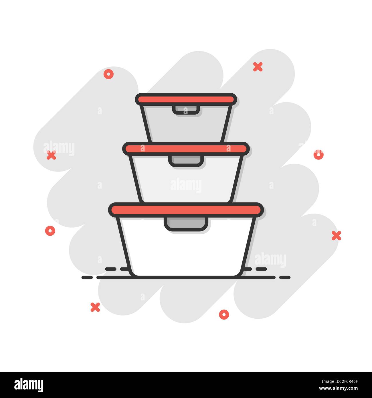 Food container icon in comic style. Kitchen bowl vector cartoon
