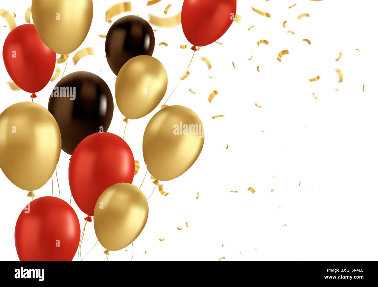 Red, black and gold balloons and golden confetti. Vector glossy