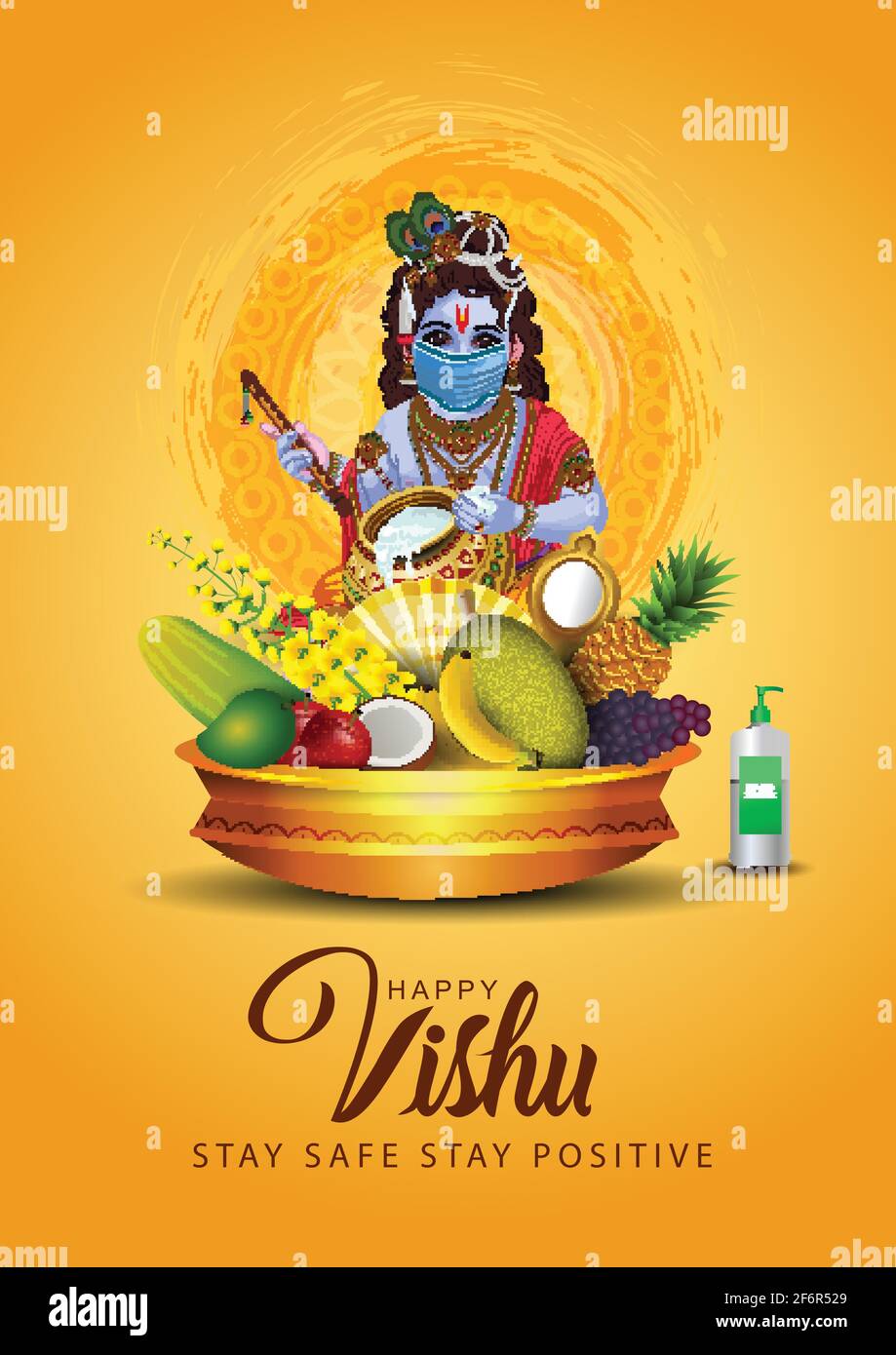 Happy Vishu greetings. April 14 Kerala festival with Vishu Kani, vishu flower Fruits and vegetables in a bronze vessel. vector illustration design. co Stock Vector