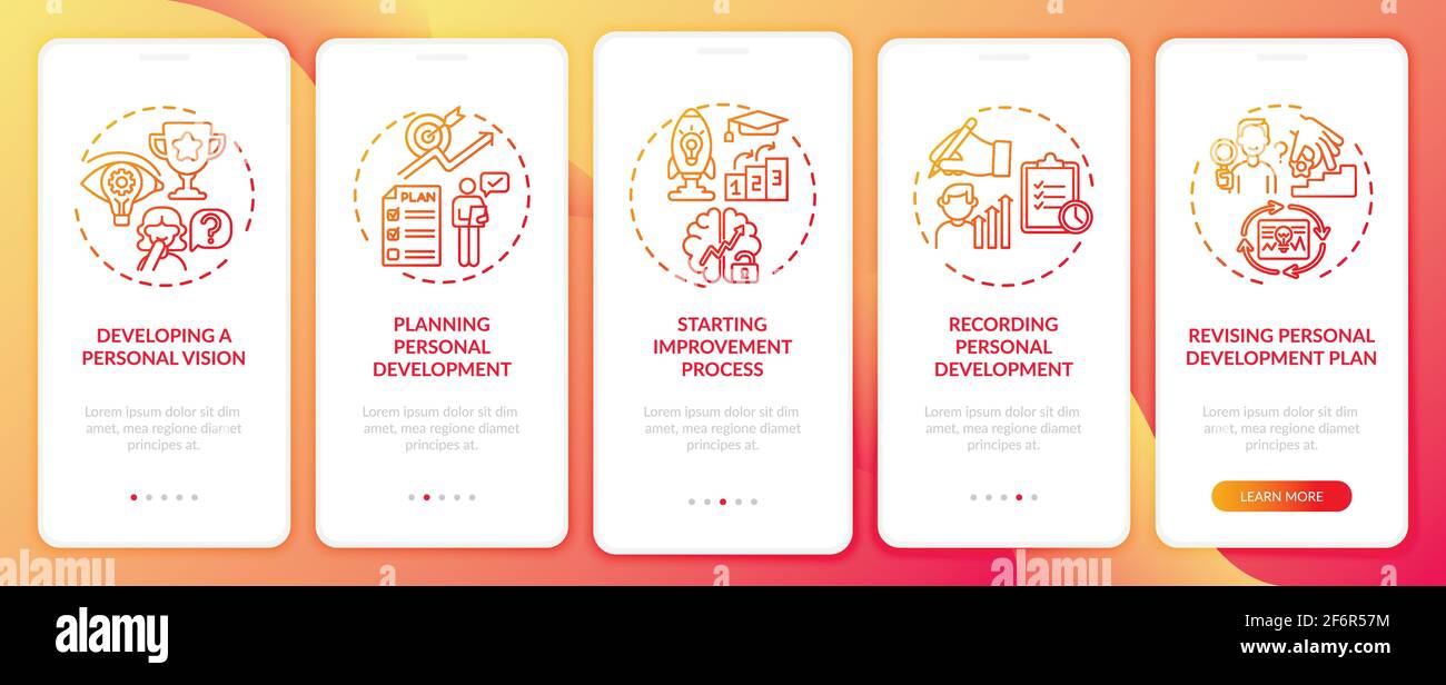 Personal development steps red onboarding mobile app page screen with concepts Stock Vector