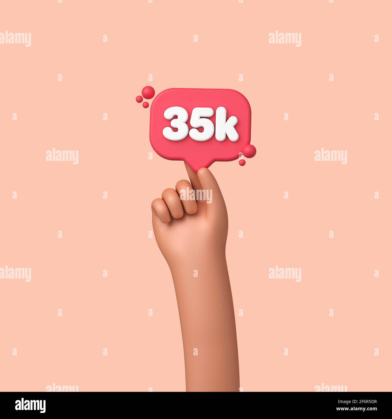 Hand holding a 35k social media followers banner label. 3D Rendering Stock Photo