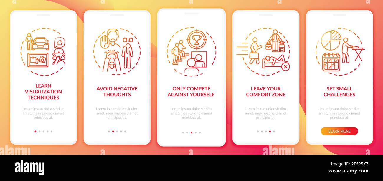 Self-improvement tools red onboarding mobile app page screen with concepts Stock Vector