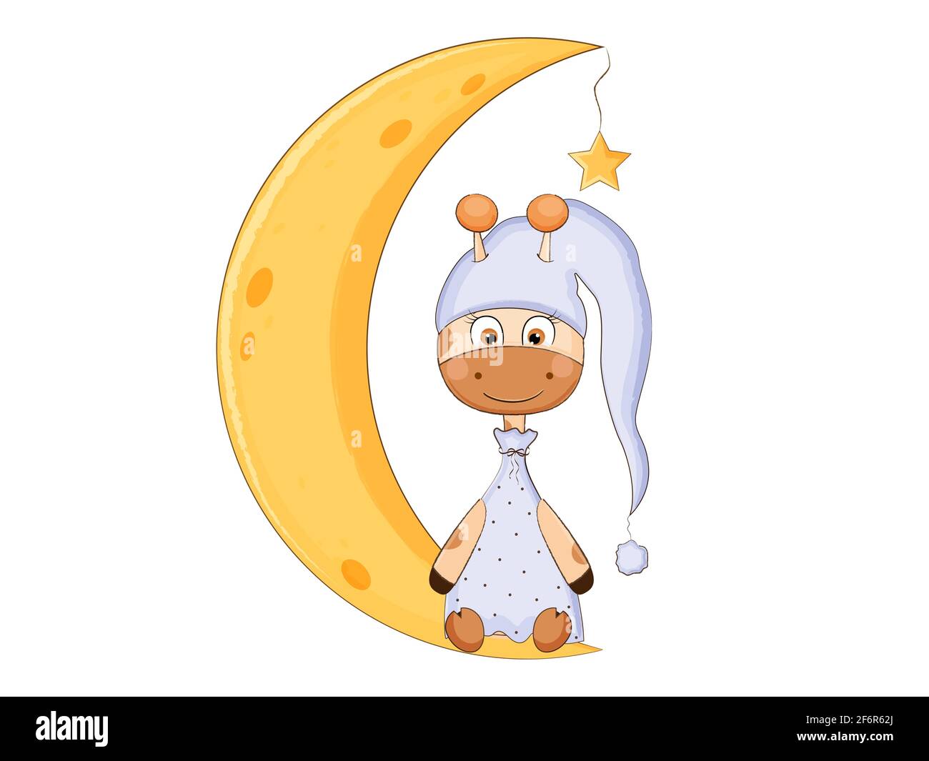 Cute cartoon giraffe sitting on moon. Vector illustration. Stock Vector