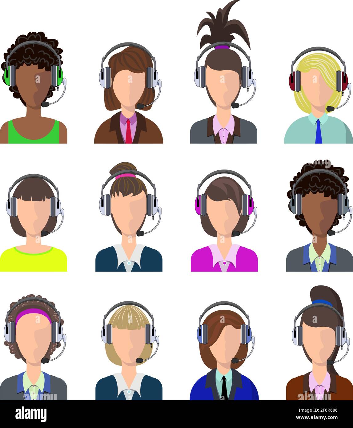 Vector female call center avatars in a flat style with a headset, conceptual of business communication. Avatars with a headphones and microphones set Stock Vector