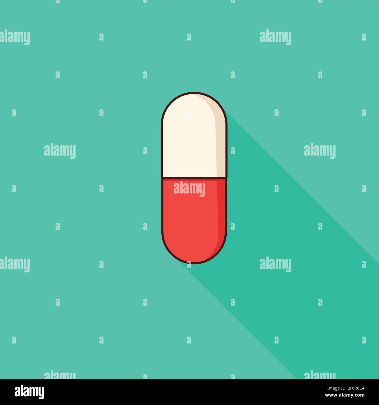 Modern icon pill, background green and flat style, medicine, long shadow Stock Vector