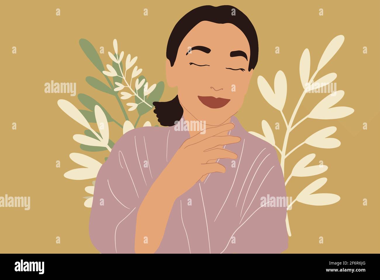 A portrait of a calm and relaxed woman in bathrobe and plant leaf on ...