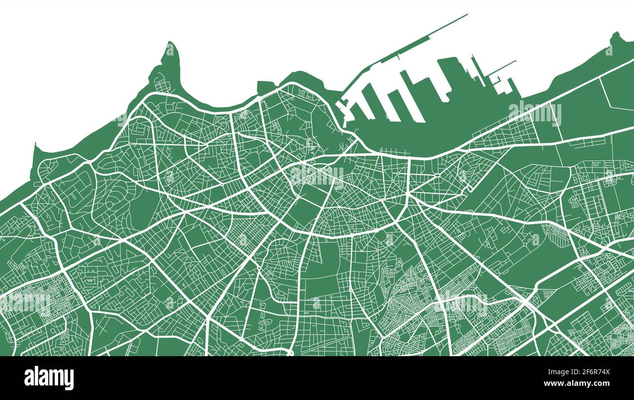 Green and white vector background map, Casablanca city area streets and water cartography illustration. Widescreen proportion, digital flat design str Stock Vector