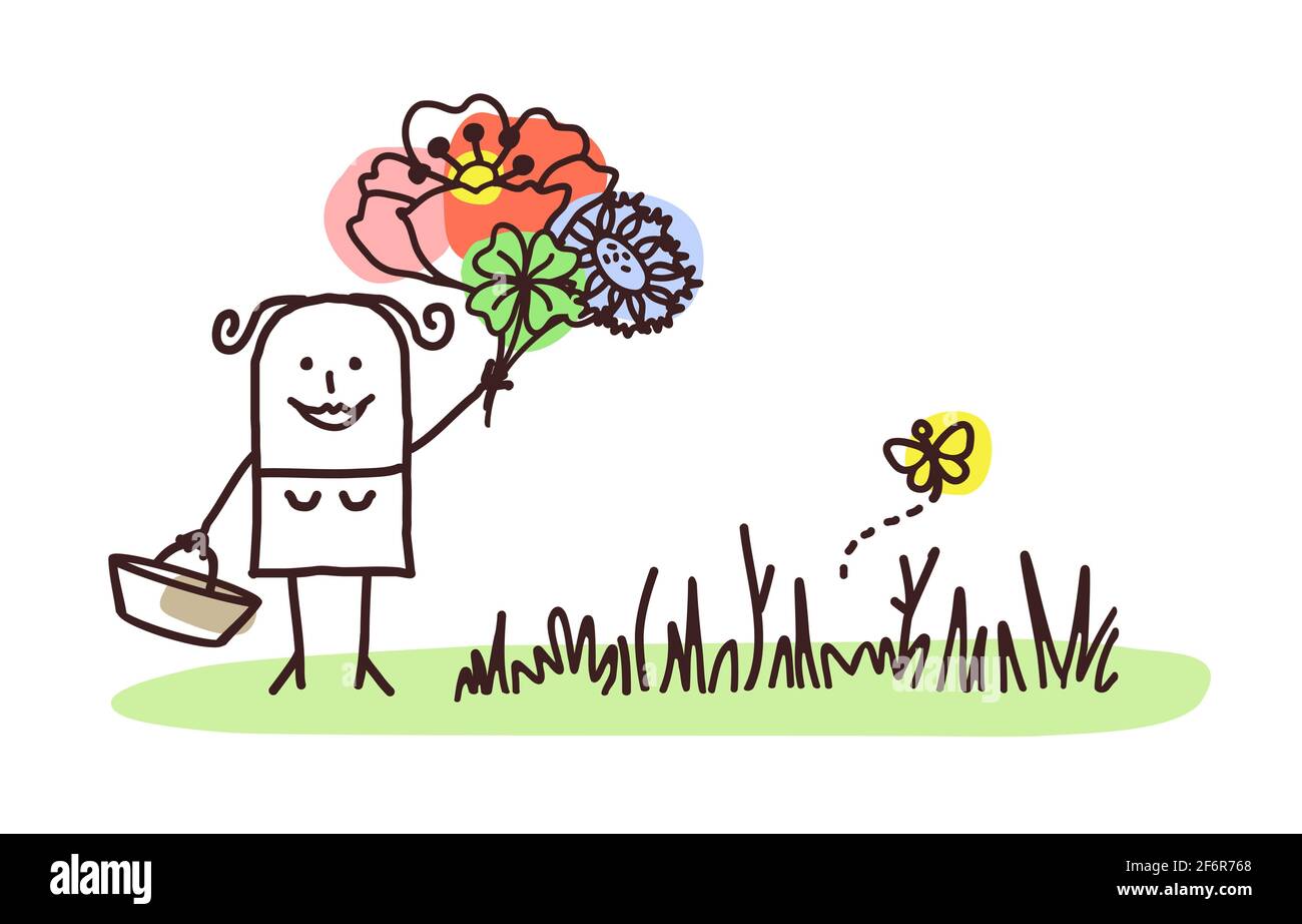 Hand drawn Cartoon Woman in Countryside, Picking Flowers Stock Vector