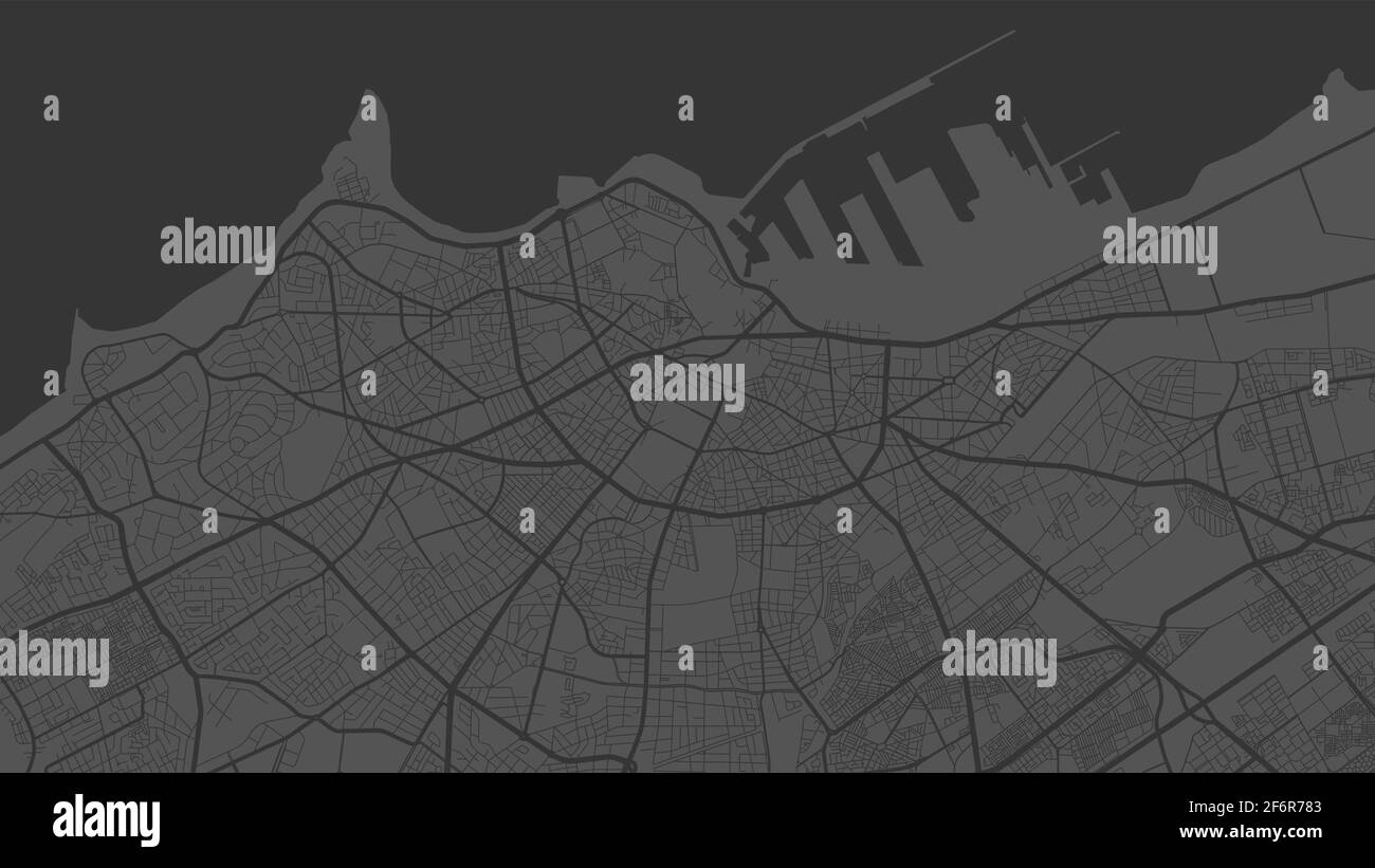 Dark grey vector background map, Casablanca city area streets and water cartography illustration. Widescreen proportion, digital flat design streetmap Stock Vector