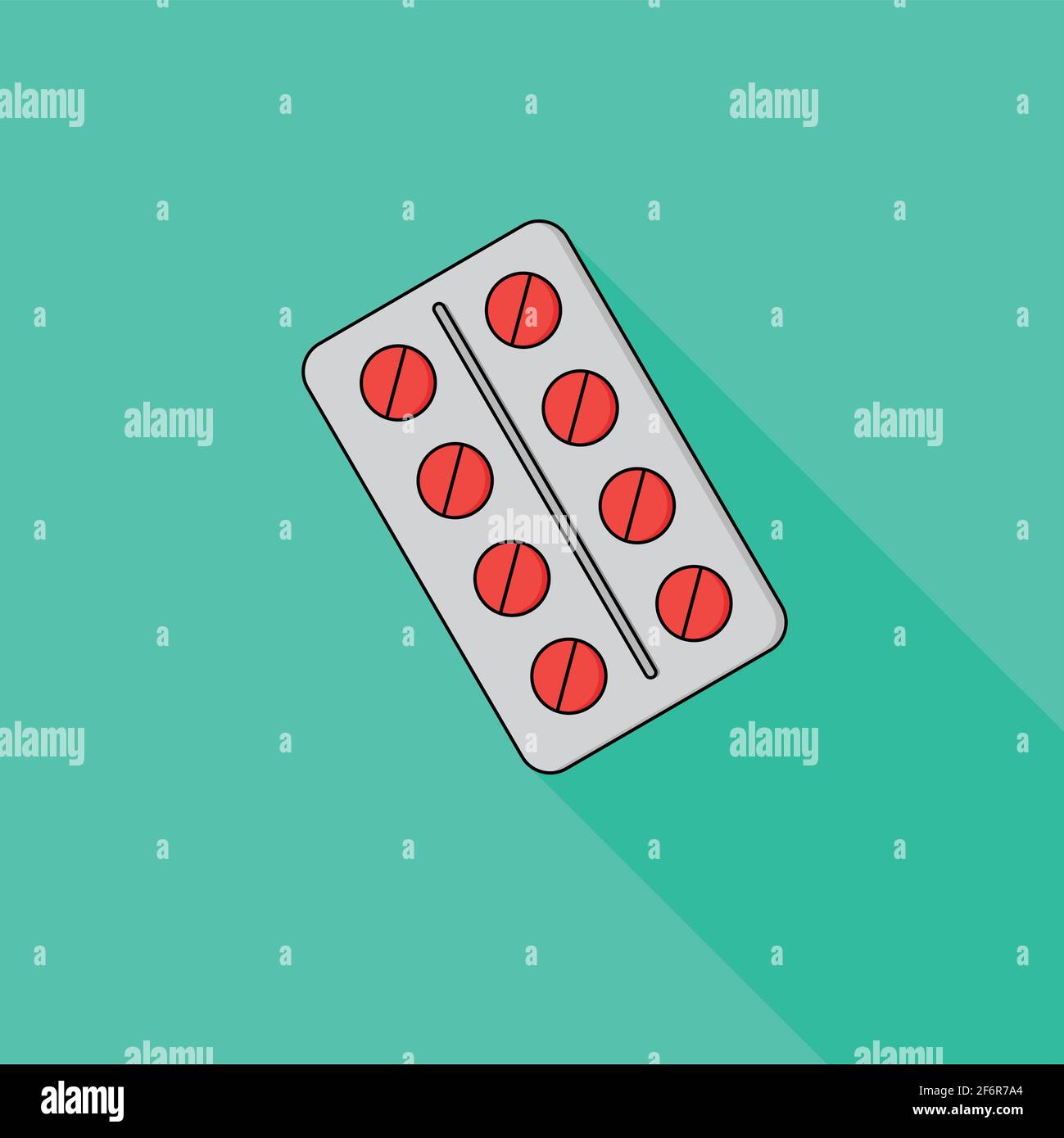 Modern icon pills, background green and flat style, medicine, long shadow Stock Vector