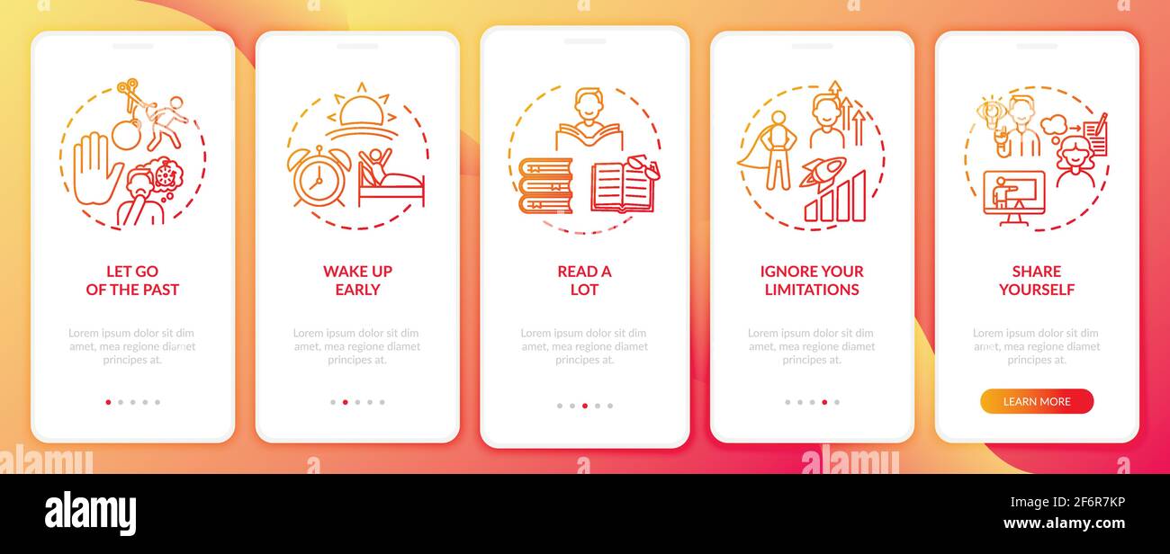 Self-development tips red onboarding mobile app page screen with concepts Stock Vector