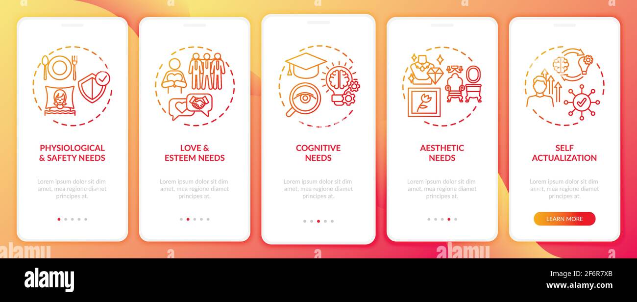 Human being needs red onboarding mobile app page screen with concepts Stock Vector