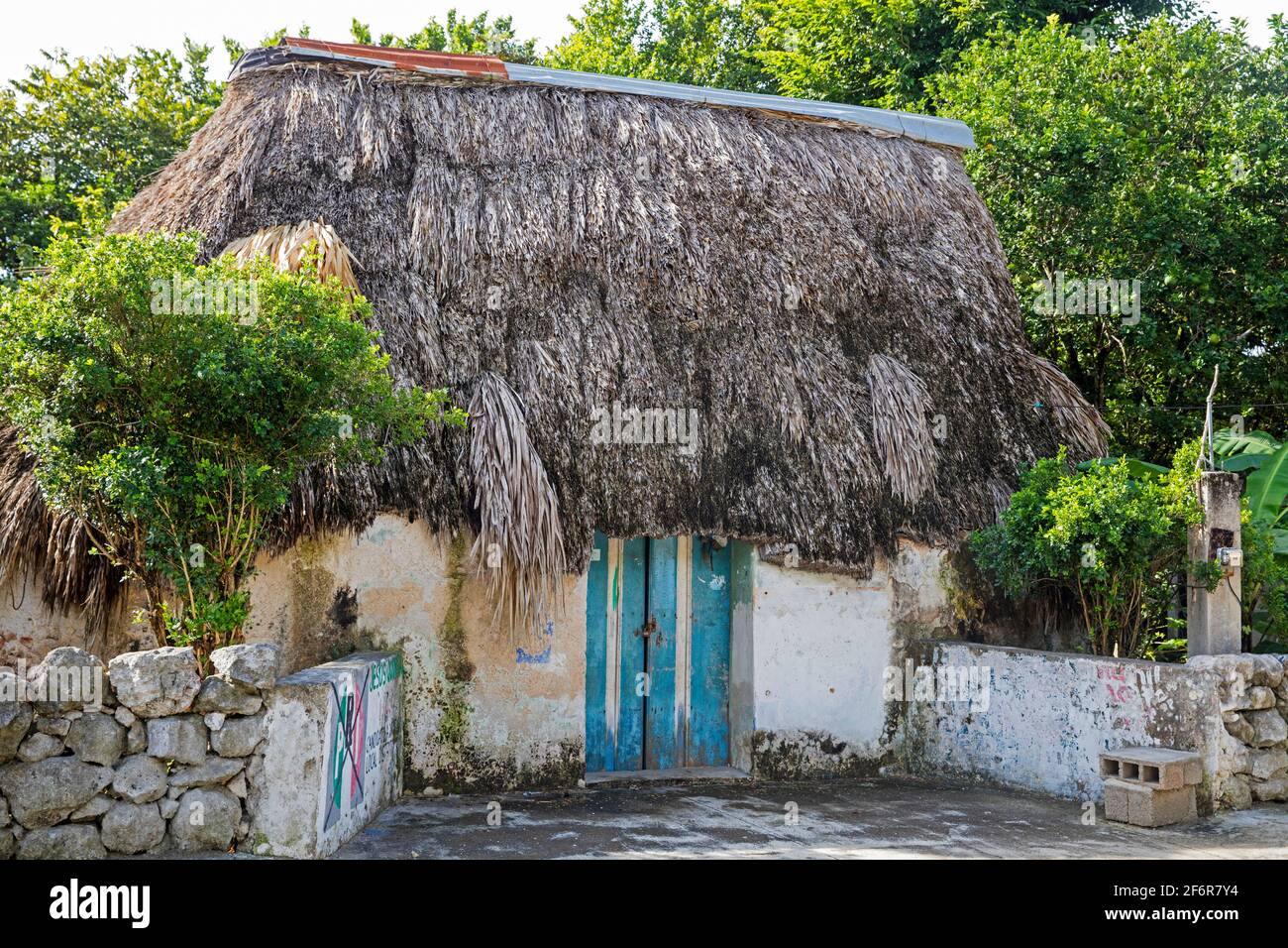 Traditional thatched house / hut with palapa roof of indigenous Maya Indians on the countryside near Mérida, Yucatán, Mexico Stock Photo